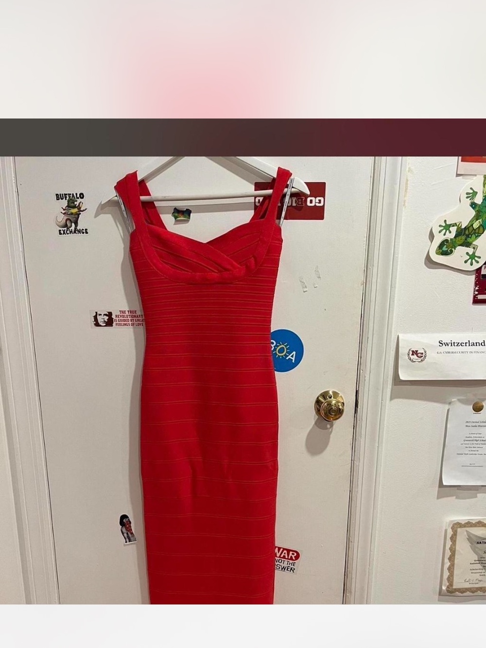 Herve Leger Vibrant Red Bandage Midi Dress with Square Neckline